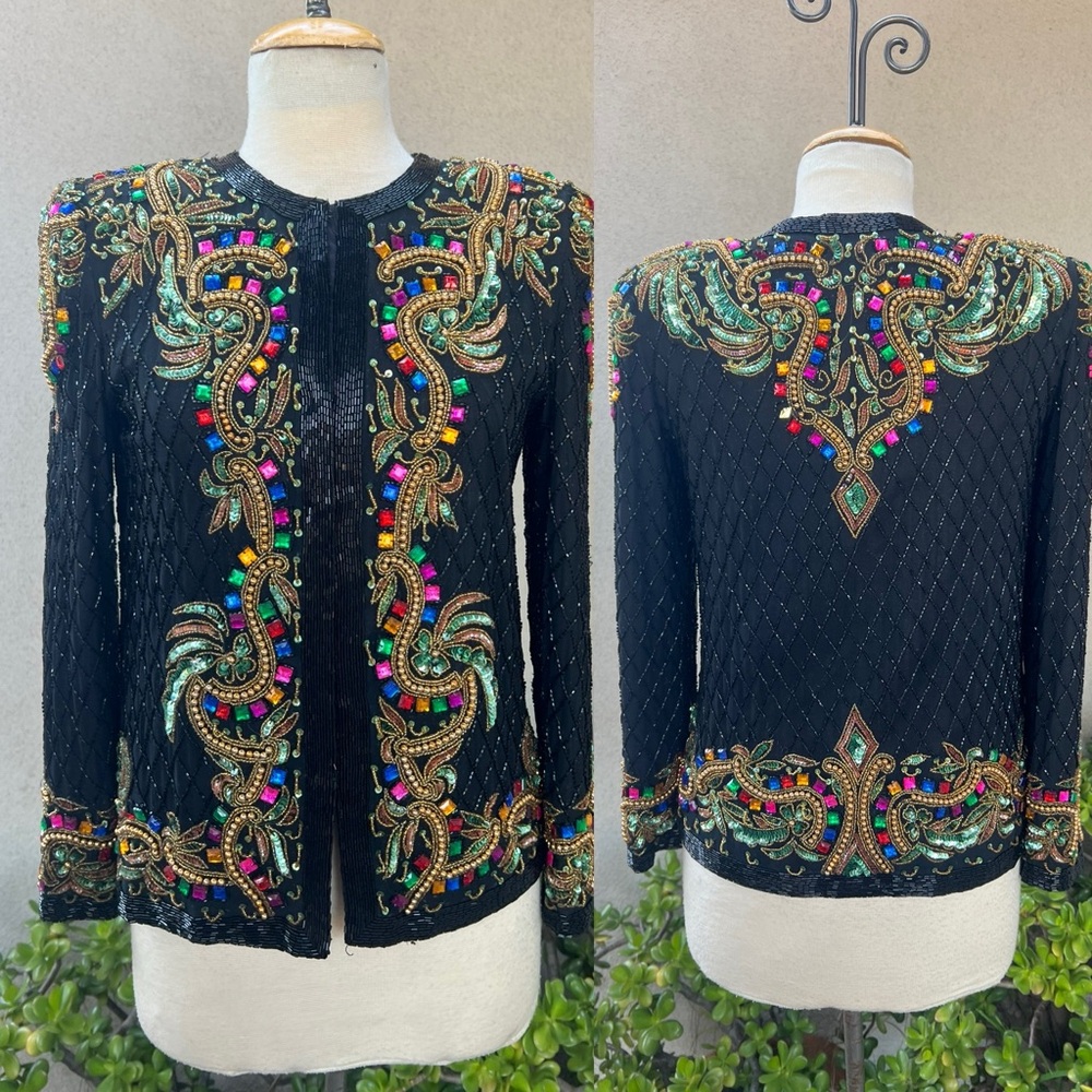 Vintage glam jacket top black silk beaded size XS Laurence Kazar New York